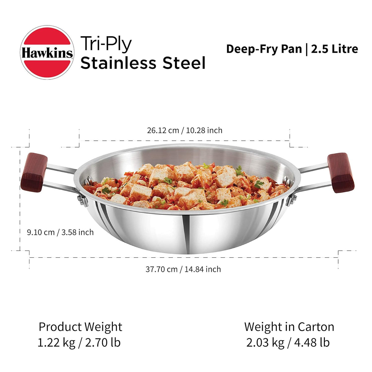 Hawkins 1.5 Litre Deep Fry Pan, Triply Stainless Steel Kadai, Flat Bottom Induction Kadhai, Small Kadai, Silver (SSD15)