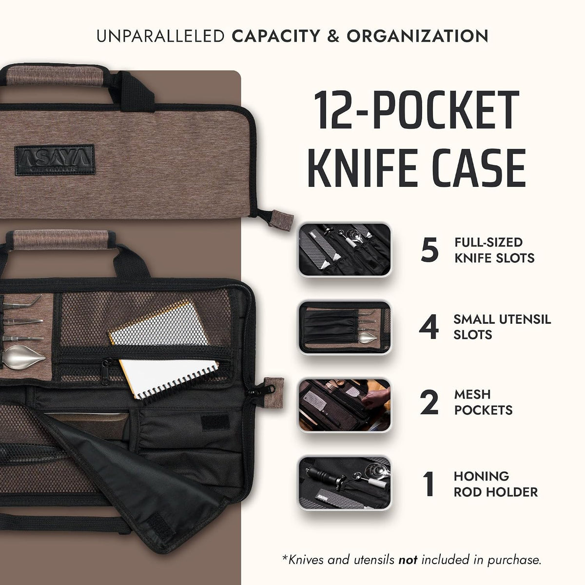 Asaya Chef Knife Roll Bag - 12-Pocket Chefs Case for Kitchen Knives and Utensils, Lightweight Stain-Resistant Waxed Nylon Chef Knife Bag - Knives Not Included (