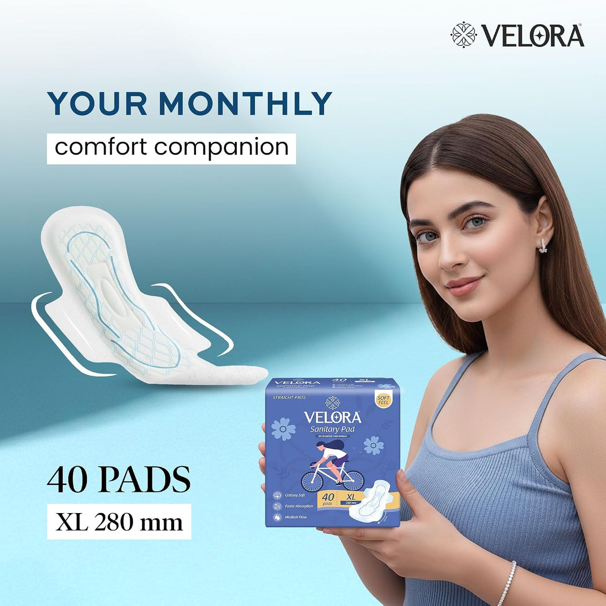 Velora Soft Feel & Rash Free XL 80 Pads Combo with Wider Back for Extra Coverage |Quick Absorption| Medium Flow Straight Sanitary Pads for Women & Girl (40 Pads