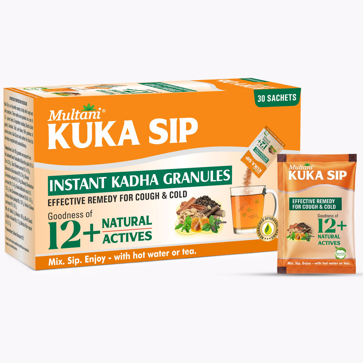 Multani Kuka Hot Sip | Ayurvedic Kadha Provides Instant Relief from Cough and Cold | Goodness of 12+ Natural Actives | (4gm*Pack of 30 Sachets) Kadha 146 g (Pac