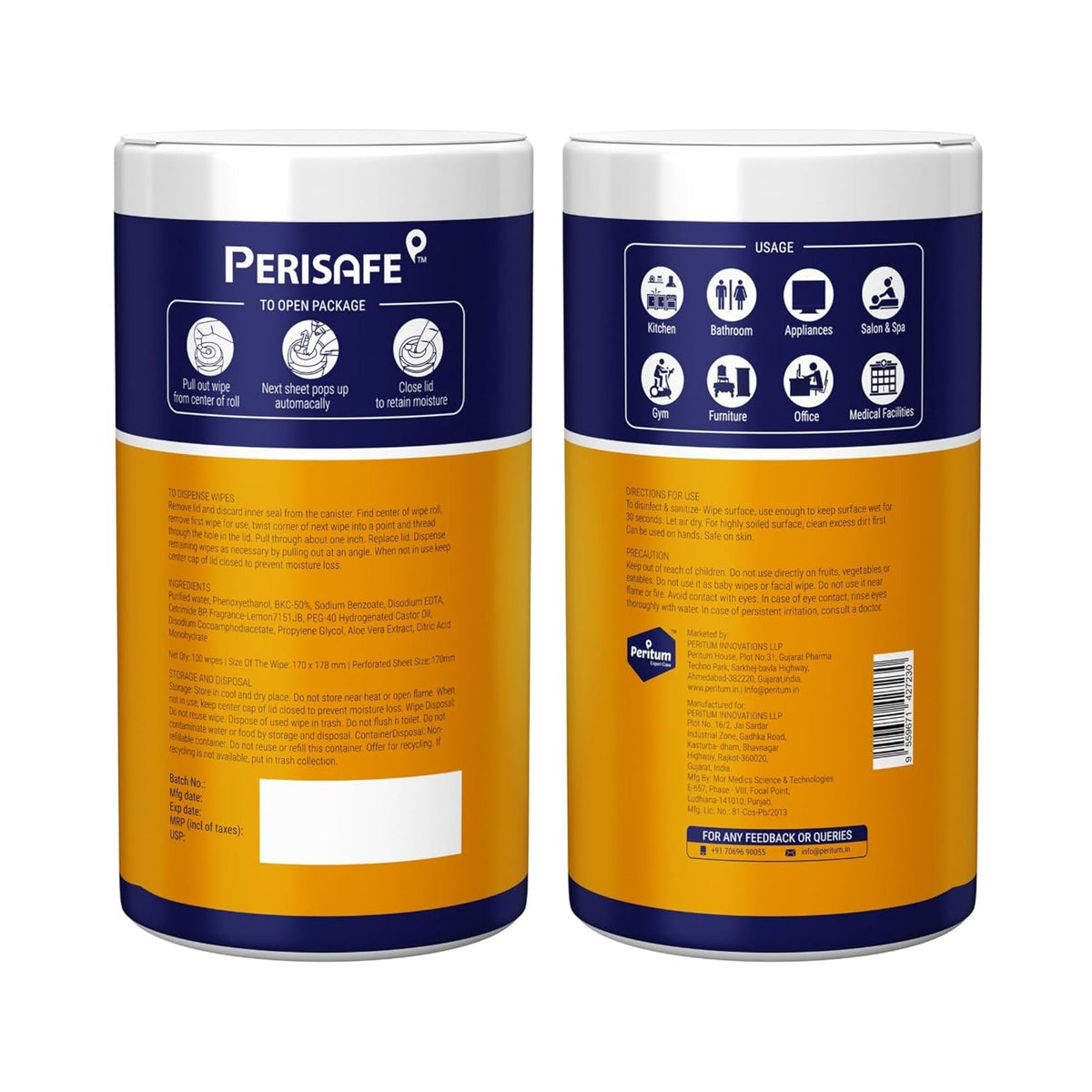 PERISAFE Multipurpose Disinfectant Wipe For Surfaces & Skin-100 Wipes | 100% Biodegradable Wipes | Antibacterial | 2-IN-1- Kills Germs & Cleans Tough Messes 1 c