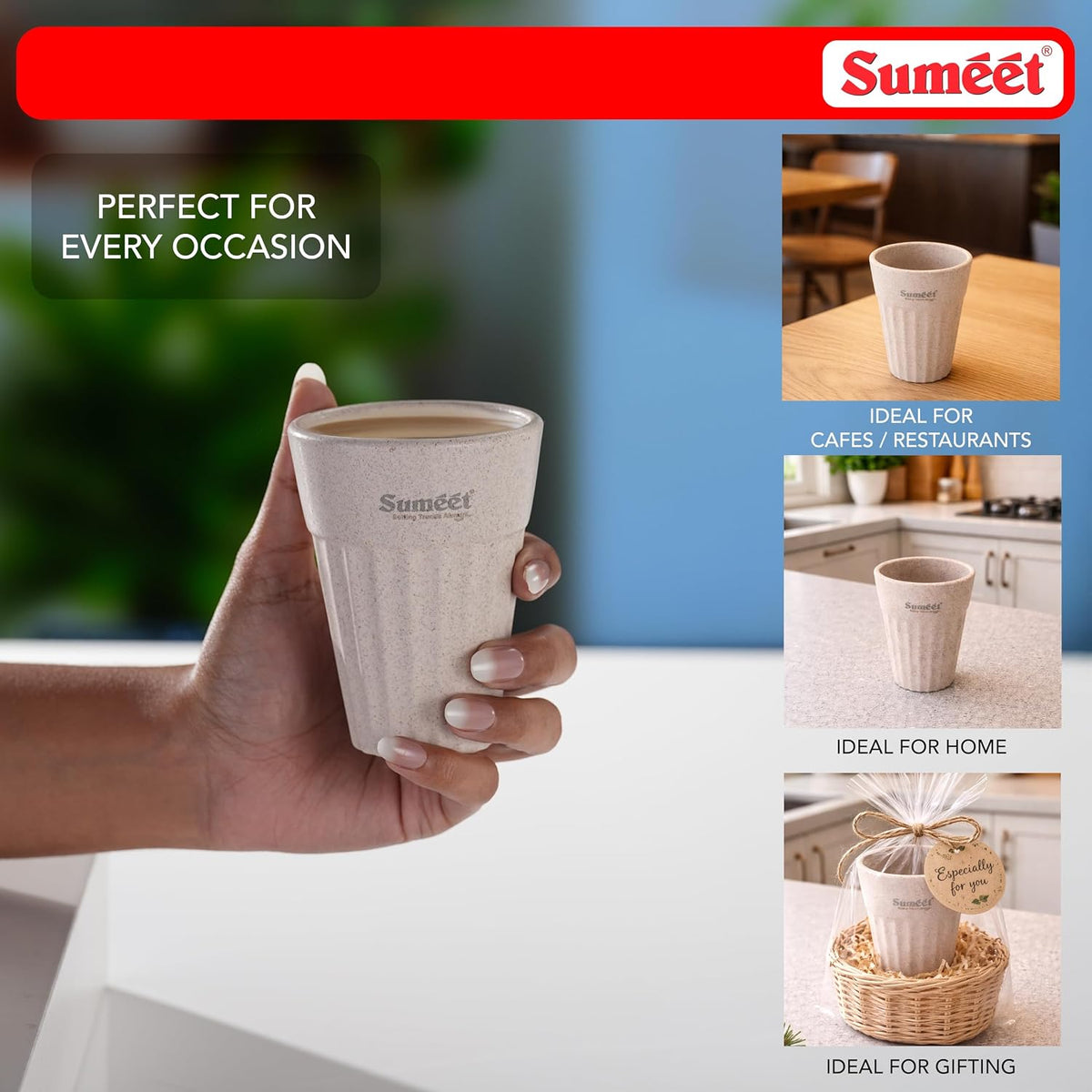 Sumeet eco-Friendly Cutting chai Cups, 200 ml, Set of 4, Ivory – Rice Husk & Bamboo Fiber Build, Strong, Reusable, Microwave & Dishwasher Safe, Ideal for Tea, C