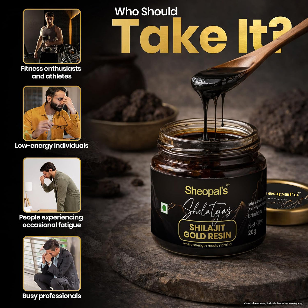 Sheopals Shelatejas Shilajit Gold Resin 20g | 500mg/ seving | 78% Fulvic Acid | Boost Energy, Stamina, Muscle Growth | 80 Servings - Lab Tested 1 ml (Pack of 1)