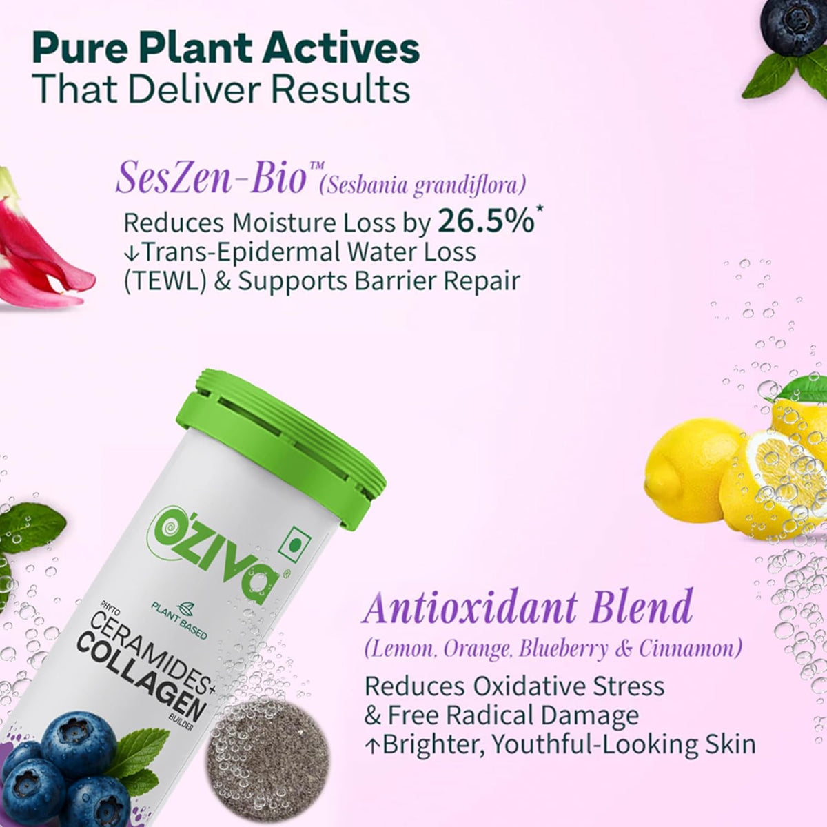 OZiva Bioactive Glutathione Tablets for Radiant Skin - Strawberry Swirl,15 Effervescent Tablets (Pack of 1) & Phyto Ceramides+ Collagen Builder Blueberry,15 Eff