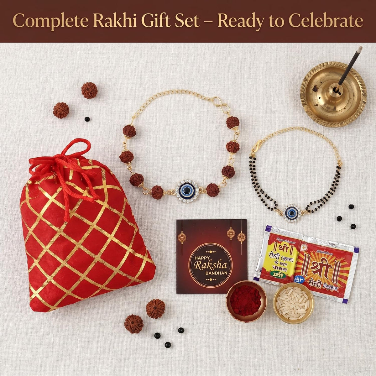 Kalakriti Handmade Rakhi for Brother and Bhabhi Combo Set of 2 With Designer Kundan Lumba Bracelet for Bhabhi With Roli Chawal, Raksha Bandhan Greeting Card and