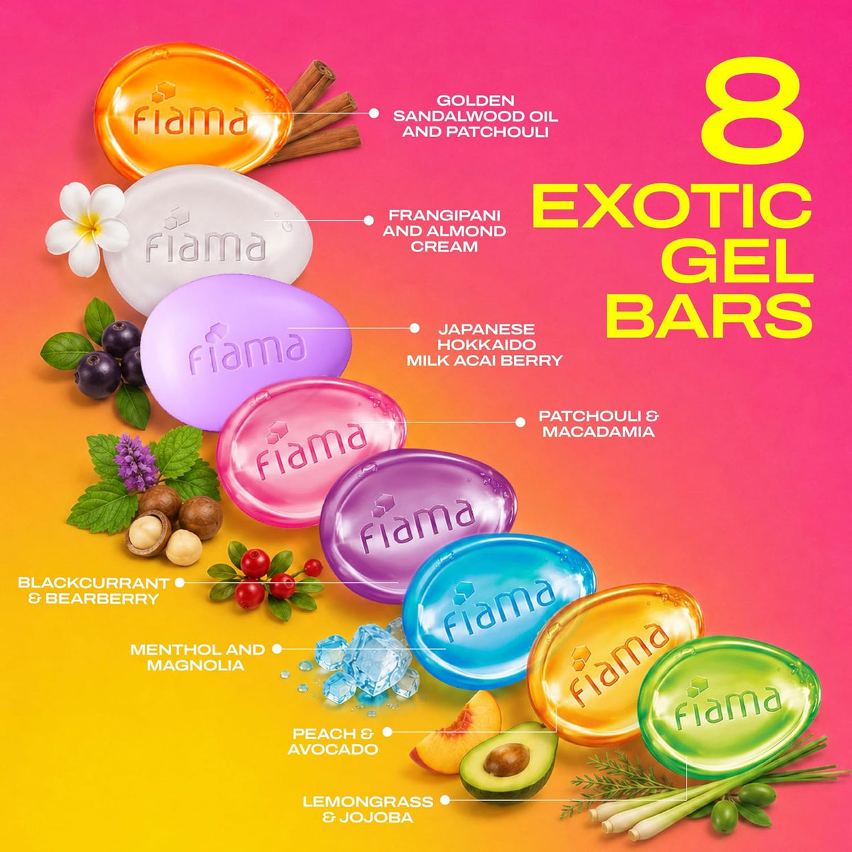 Fiama Gel Bar Mega Celebration Pack 1kg (125g Pack of 8) | 8 Unique Soap Variants | Moisturised Skin with 30% Smoothing Body Serum | Bathing Soap Gift Set for W
