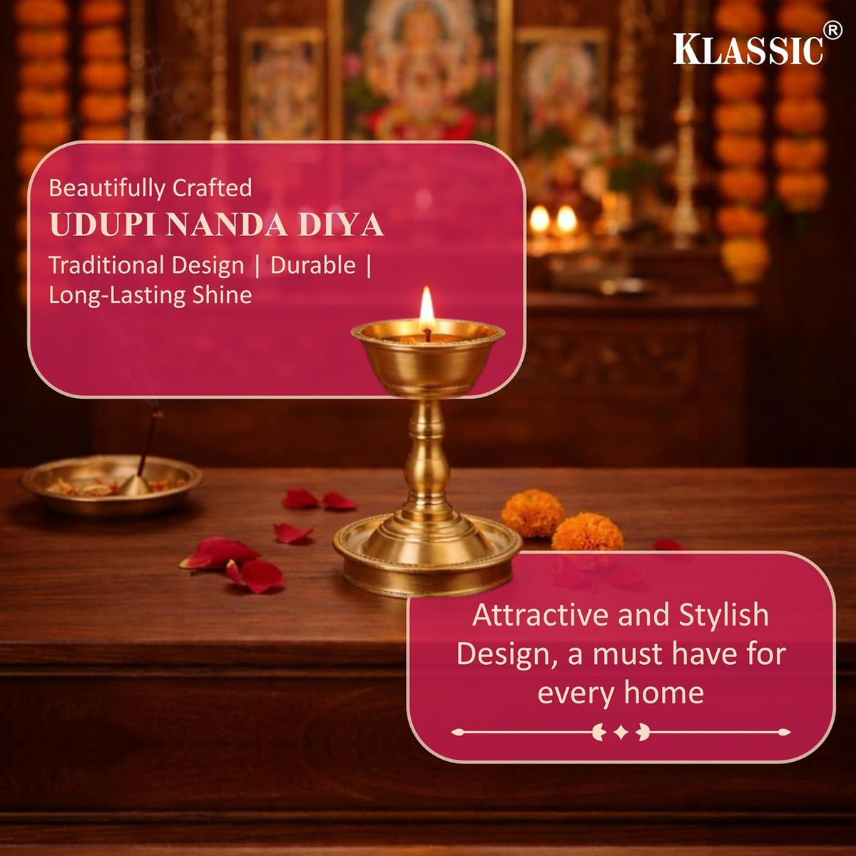 Klassic 4.5 Inch Swastik Akhand Diya with Borosilicate Glass Shade | Pure Brass Oil Lamp for Mandir, Daily Puja, Pooja Room, Diwali, Prayer, Wick Holder Festive