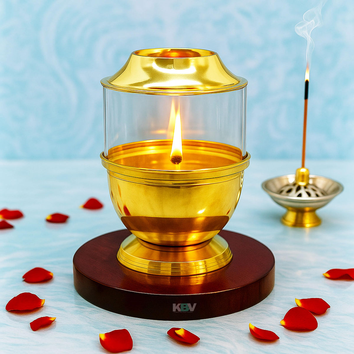 KBV Brass Akhand Jyoti Diya with Wick Adjustable Bati Knob & Borosilicate Glass Cover 250 ml Oil Capacity, Burns Up to 48 Hours, Includes Wick