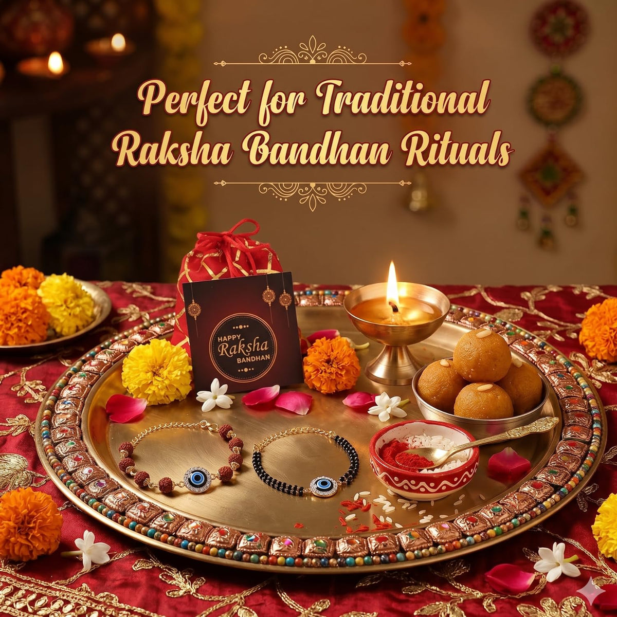 Kalakriti Handmade Rakhi for Brother and Bhabhi Combo Set of 2 With Designer Kundan Lumba Bracelet for Bhabhi With Roli Chawal, Raksha Bandhan Greeting Card and
