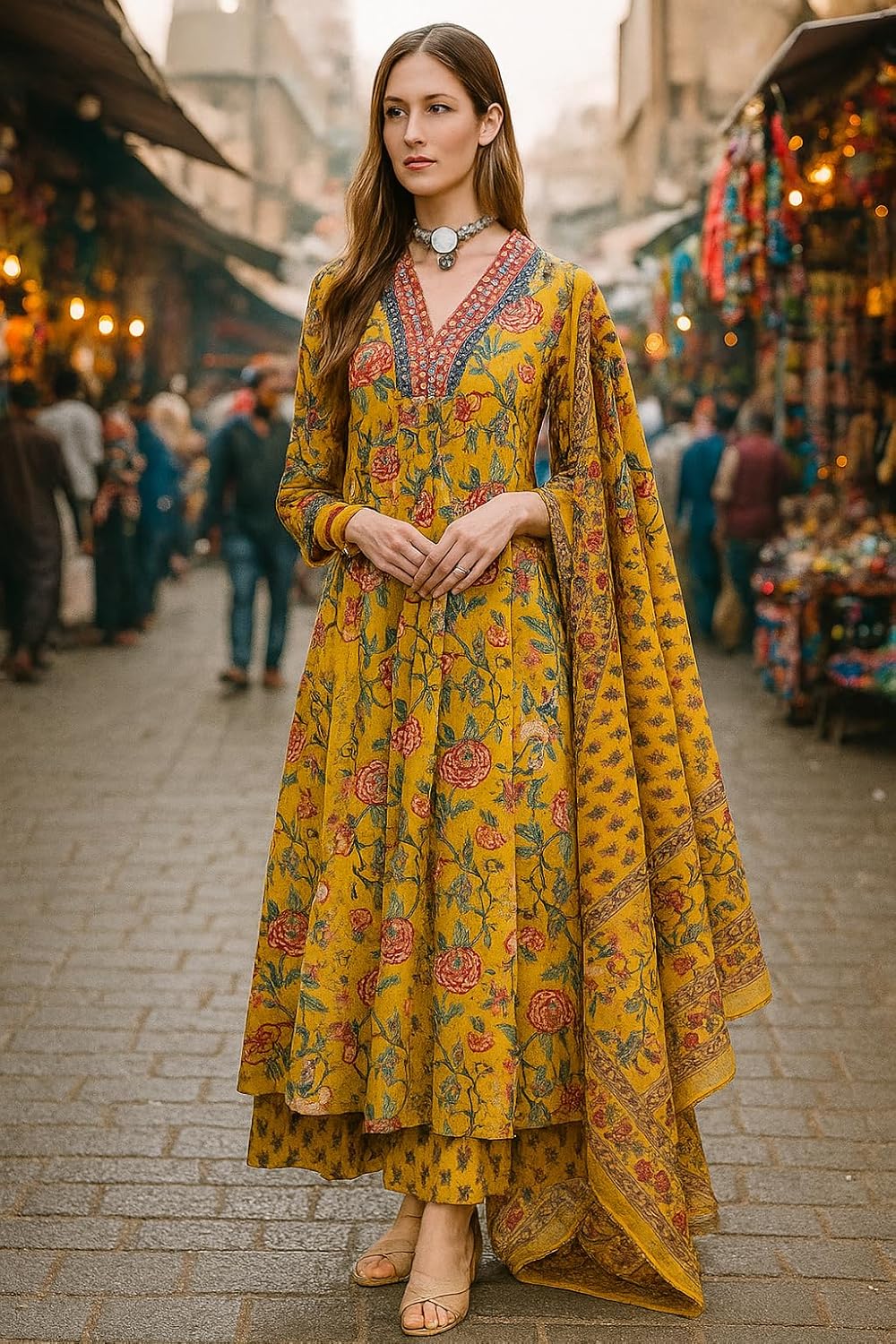 Yashika Floral Regular Womens Kurta Printed Cotton Blend Fabric with Trousers and Dupatta 40 Yellow