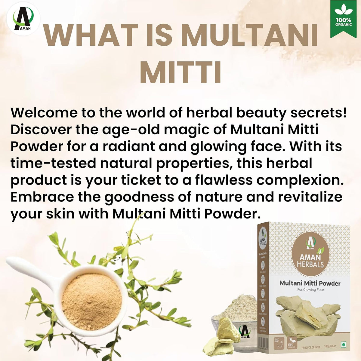 Aman Herbals 100% Pure Multani Mitti Powder for Glowing Skin & Deep Cleansing | Natural Fuller’s Earth Face Pack for Acne, Oil Control & Tan Removal | Herbal Cl