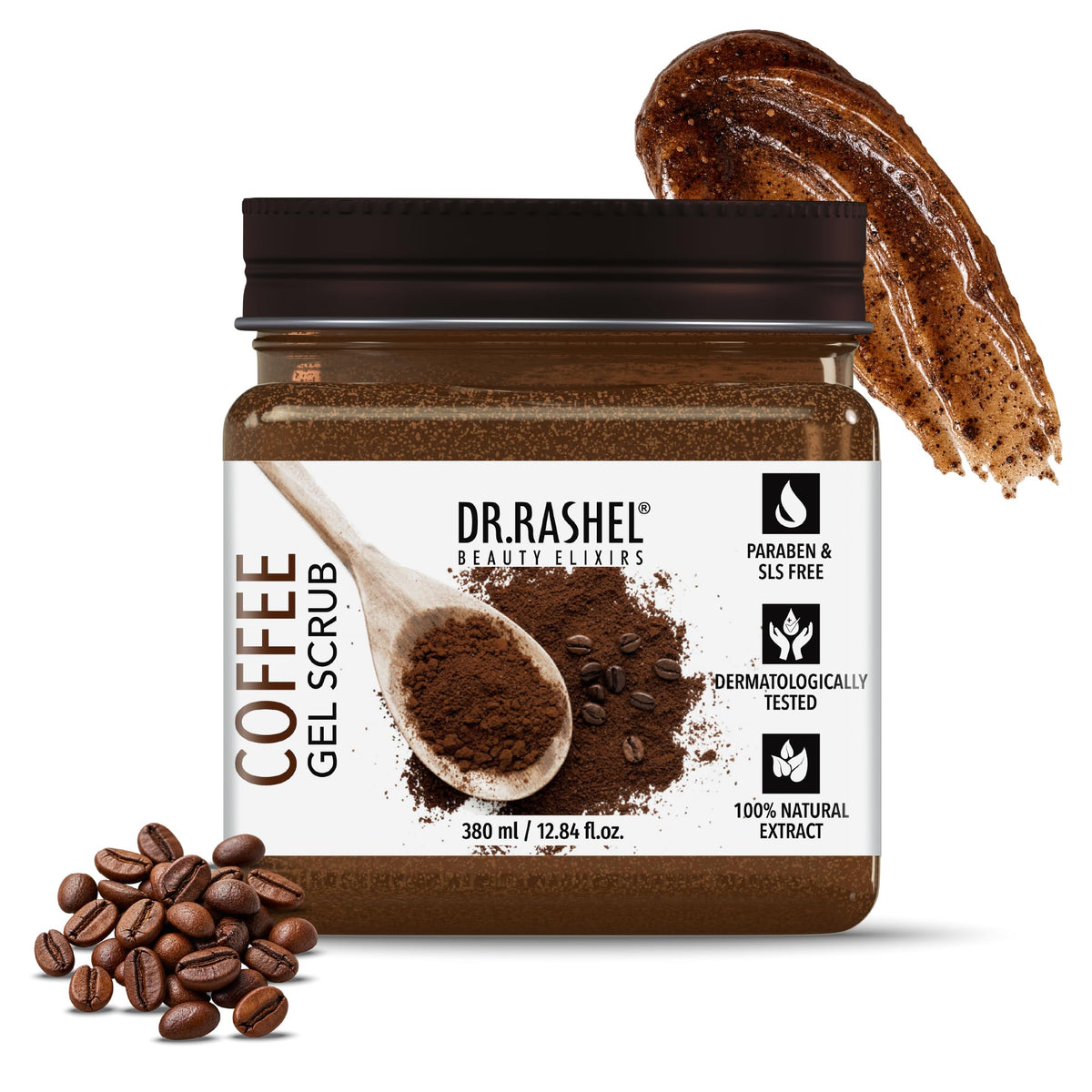 DR.RASHEL Beauty Elixirs Coffee Gel Scrub For Face & Body With Coffee & Walnut Beads Deep Exfoliation Dead Skin Remover Tan Removal Blackhead Remover (380ml)