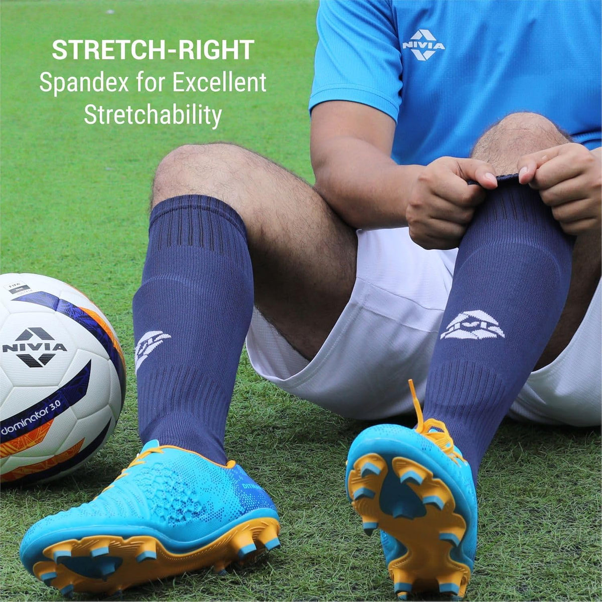 Nivia Plain Encounter Football Socks for Men and Women Knee Length Football Socks Sports Socks N. Blue/White Medium