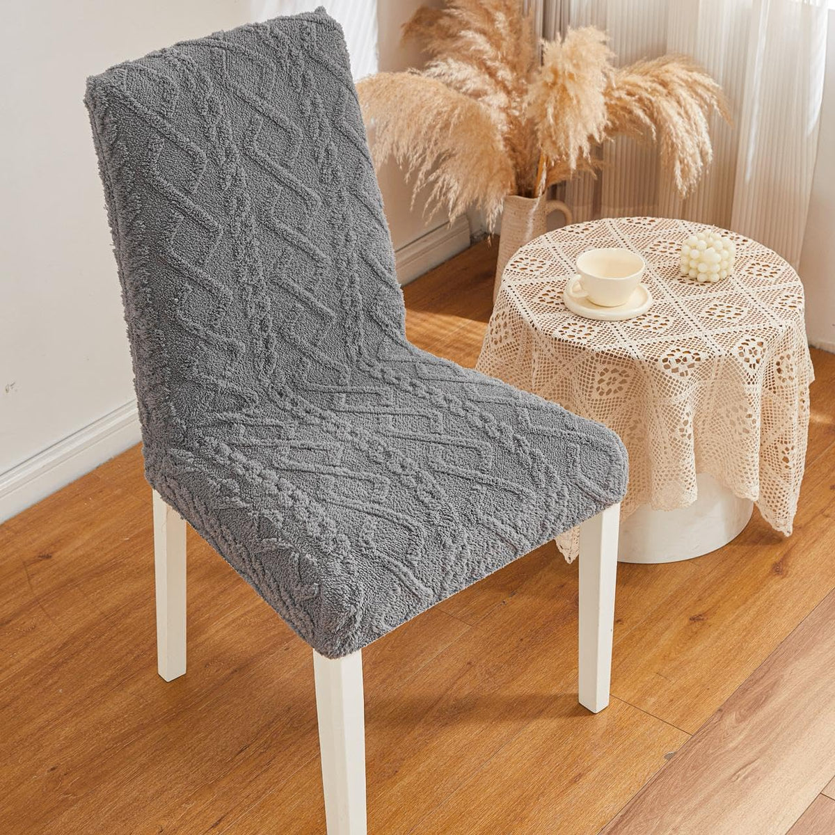 HOMETHREADS Elastic Jacquard Chair Cover–Stretch Fit, Removable & Washable Short Dining Chair Seat Protector – 400gsm Soft & Wrinkle-Resistant Slipcover for Hom