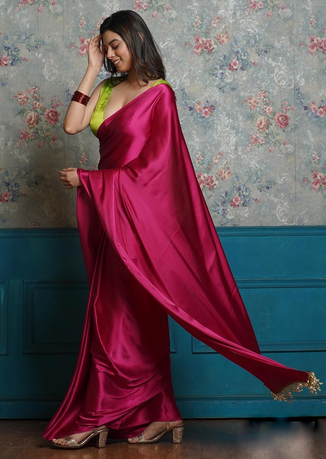 Women's Ready to Wear Satin Silk 1 Minute Pre Pleated Heavy Saree with Hand Work Tassels (Pink) Free size Pink