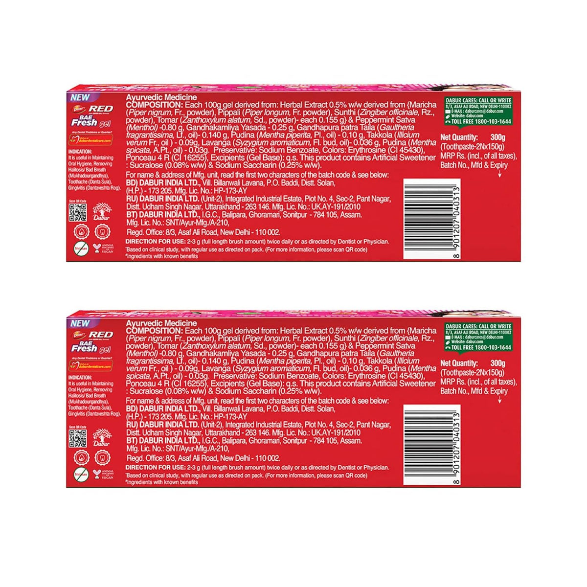 Dabur Red Bae Fresh Gel - 600gm (300gm*2) | Fights Bad Breath, Cavity Germs and Plaque | 12hr Freshness | Activ Germ-Kill formula 600 g (Pack of 1)