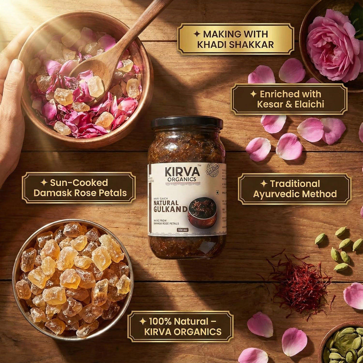 Kirva Organics Natural Gulkand 500g | Sun-Cooked Damask Rose Petals & Rock Sugar | Infused with Kesar & Elaichi | Ayurvedic Digestive & Natural Body Coolant | N