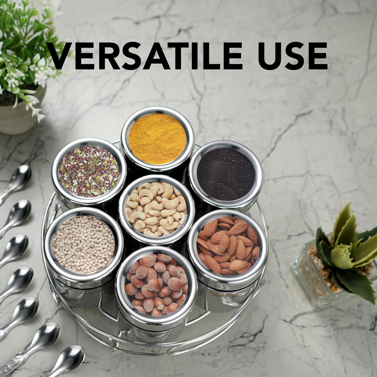 Sumeet 7in1 Stainless Steel + See Through Lid Masala/Dry Fruit Stand with Spoons 7 containers + 7 spoons + Masala Stand