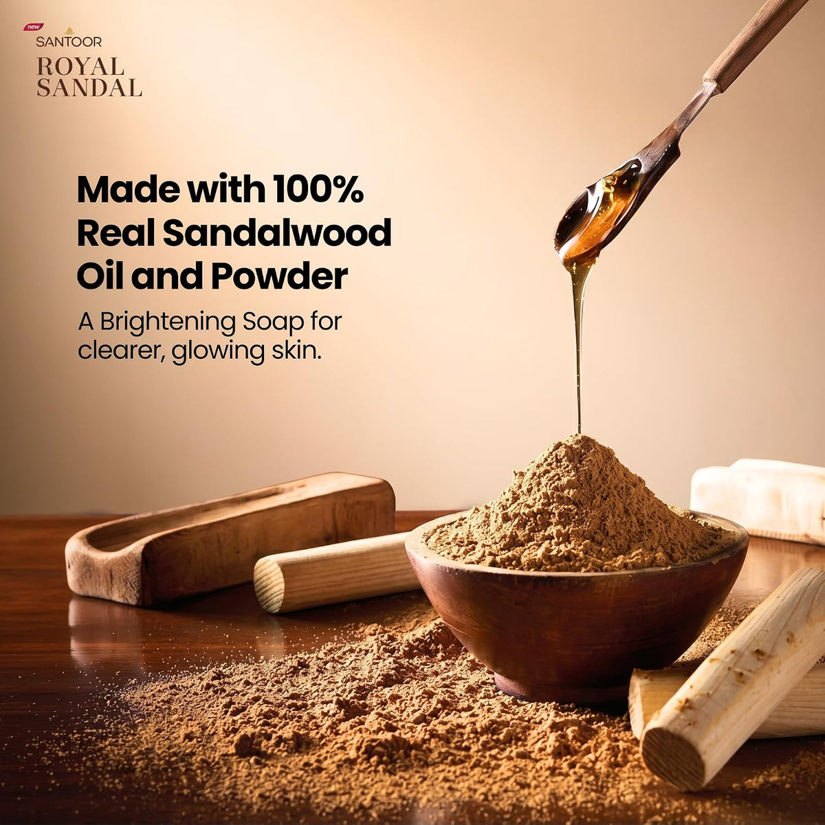 Santoor Royal Sandal Soap | Infused with Sandalwood Serum | Tan Removal | 100% Pure Sandalwood Oil & Powder | Helps Reduce Tan for Even-Toned, Glowing Skin | 15