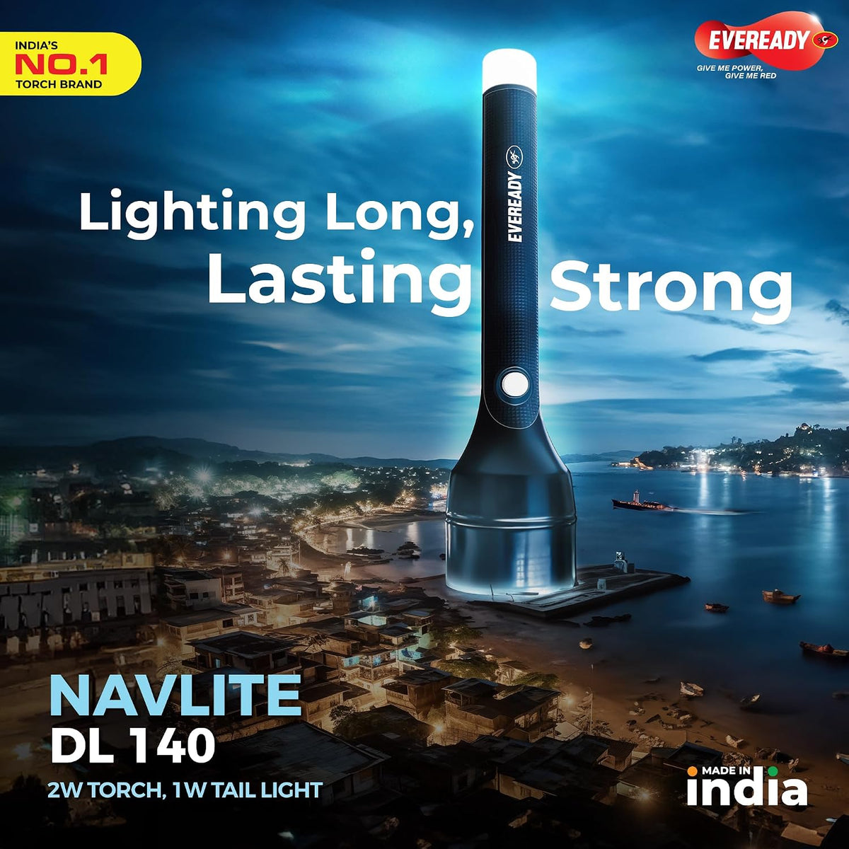 Eveready Navlite DL140, Rechargeable 2W Led Torch + 1W Emergency Tail Light, Metallic Finish, Type B/Micro USB Charging, Overcharge Protection, Powered By BIS C
