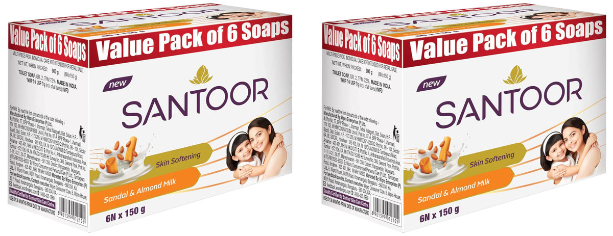 Santoor Sandalwood and Almond milk Organic Soft Bath Soap for Softer, Smoother and Moisturised Skin, Combo Offer 150 g pack of 12 Milk Soap