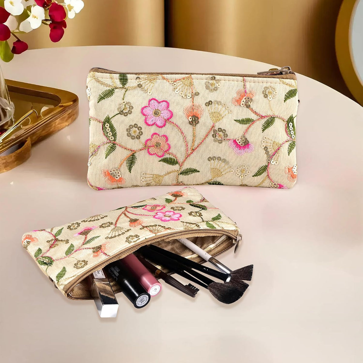 Kuber Industries 4 Pcs Polyester Traditional Hand Purse Ladies with Zip | Embroidery Ethnic Pouch/Wallet Purse for Women | Return Gift for Ladies | New Flower -