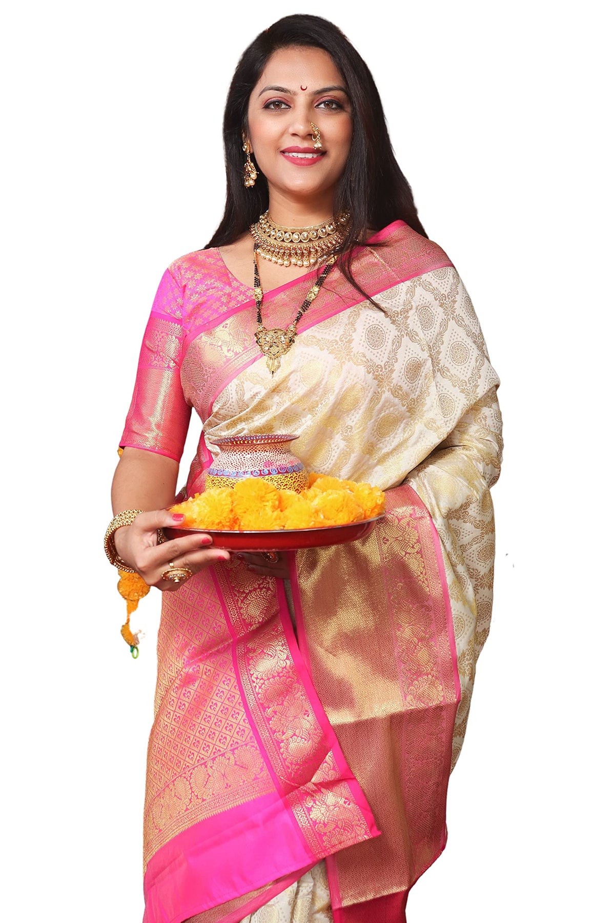 SGF11 Women's Kanjivaram Soft Silk Saree With Blouse Piece White