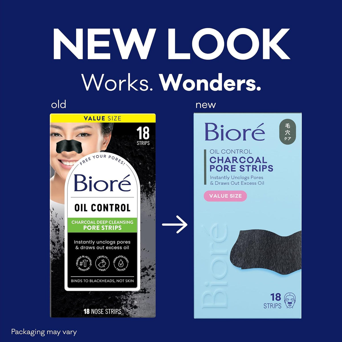 Bioré Charcoal, Deep Cleansing 18 Nose Strips for Blackhead Removal on Oily Skin, with Instant Pore Unclogging, features Natural Charcoal (Packaging May Vary)