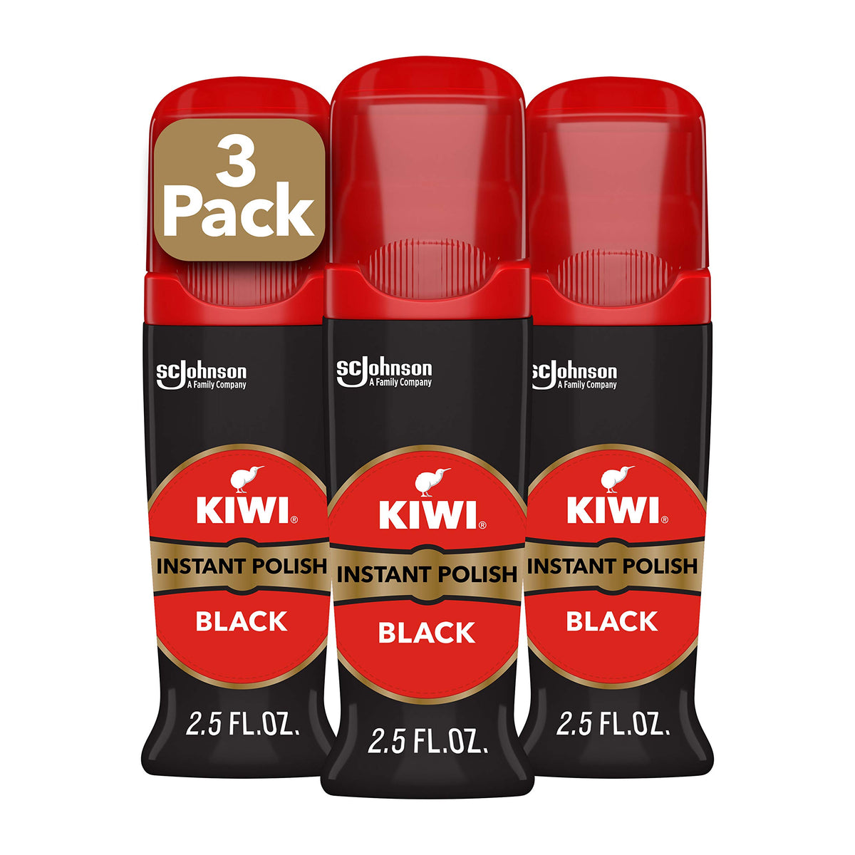 Kiwi Instant Shine & Protect Liquid Shoe Polish, Black, 1 Bottle with Sponge Applicator, 2.5 oz, Pack of 3