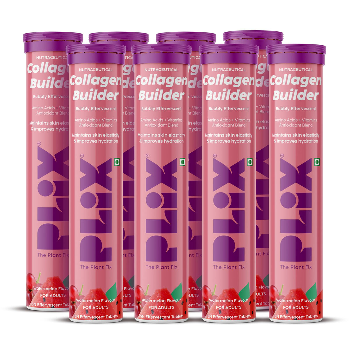 PLIX - THE PLANT FIX Collagen Builder Bubbly Effervescent - 15 Tablets (Pack of 8, Watermelon) for Hydrated Skin & Anti-Aging | Amino Acid Blend For Collagen Pr