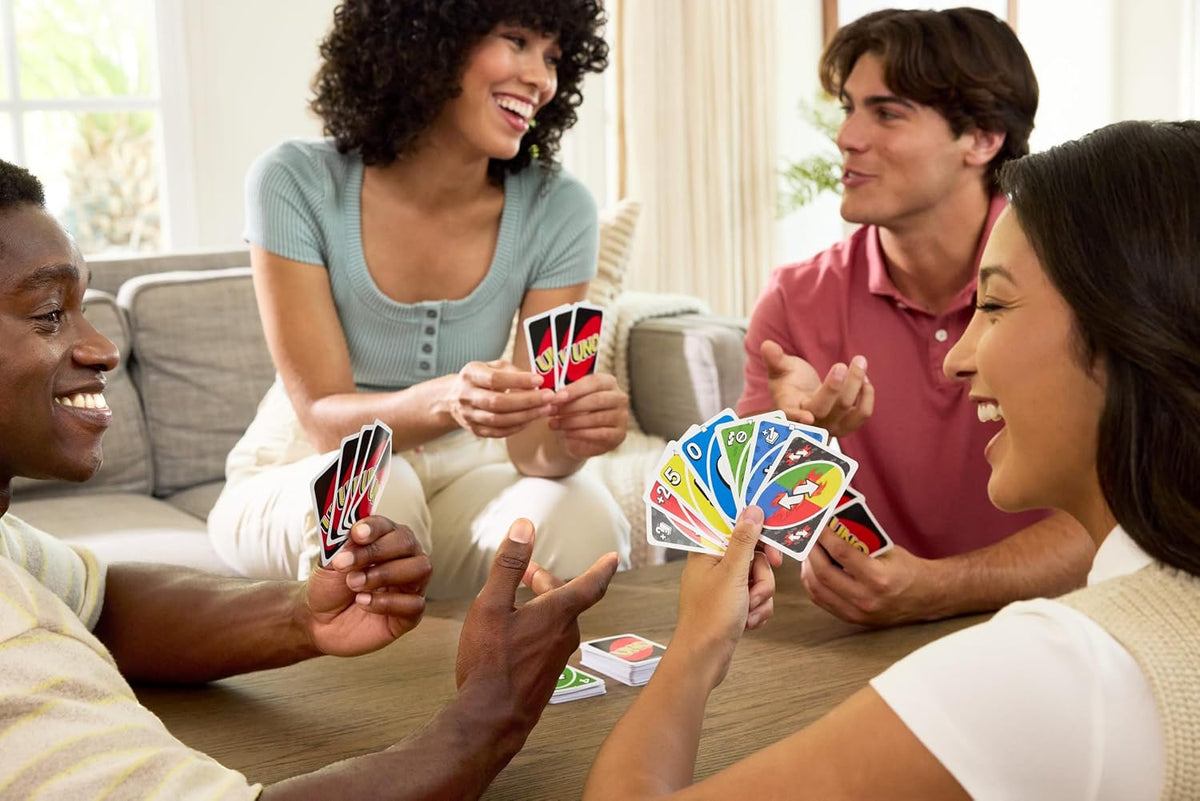 Mattel Games UNO Card Game with 2 Add On Packs with Storage Tin UNO w/Add-On Reverse + Stack Packs