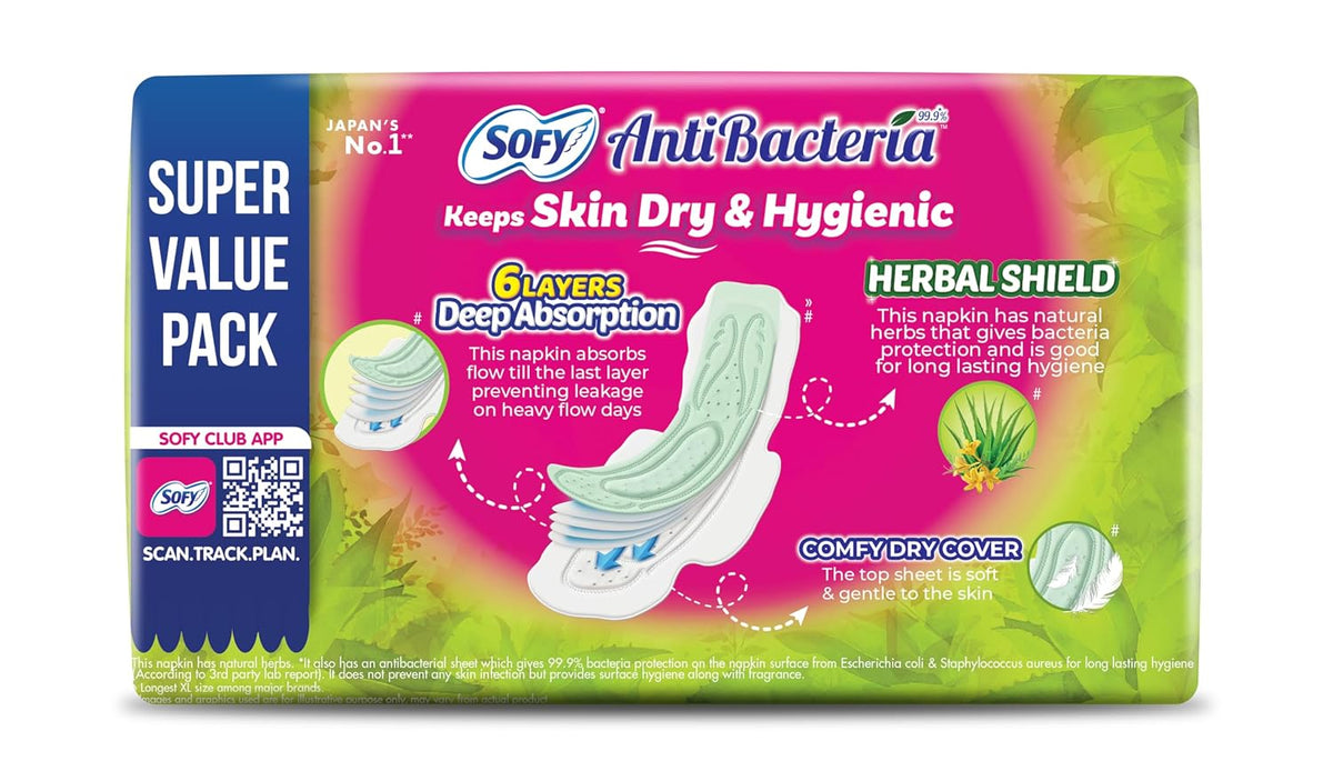 Sofy AntiBacteria XL - 290mm | 51 Count pads | For Women Sanitary Pads | Keep Skin Dry | 6 Layer Deep Absorption | Herbal Shield | Hygiene & Herbs | X-Large One