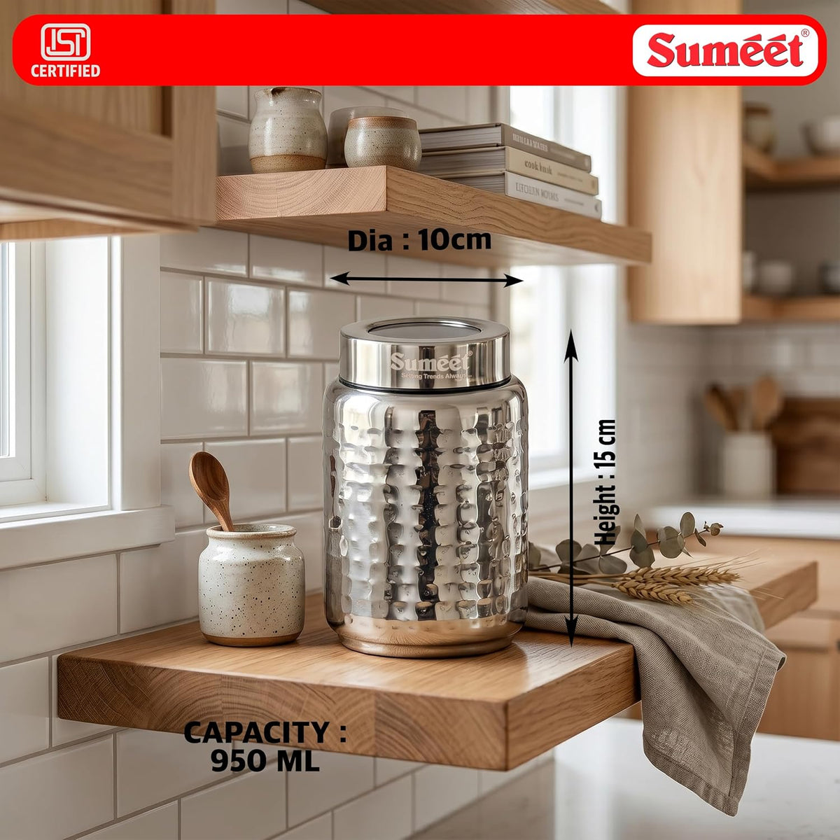 Sumeet ISI Certified Stainless Steel Hammered Canister/Container for Kitchen Storage with See Through Lid Set of 2Pcs - 950ml, 10cm Dia, Silver 950ml 2Pc