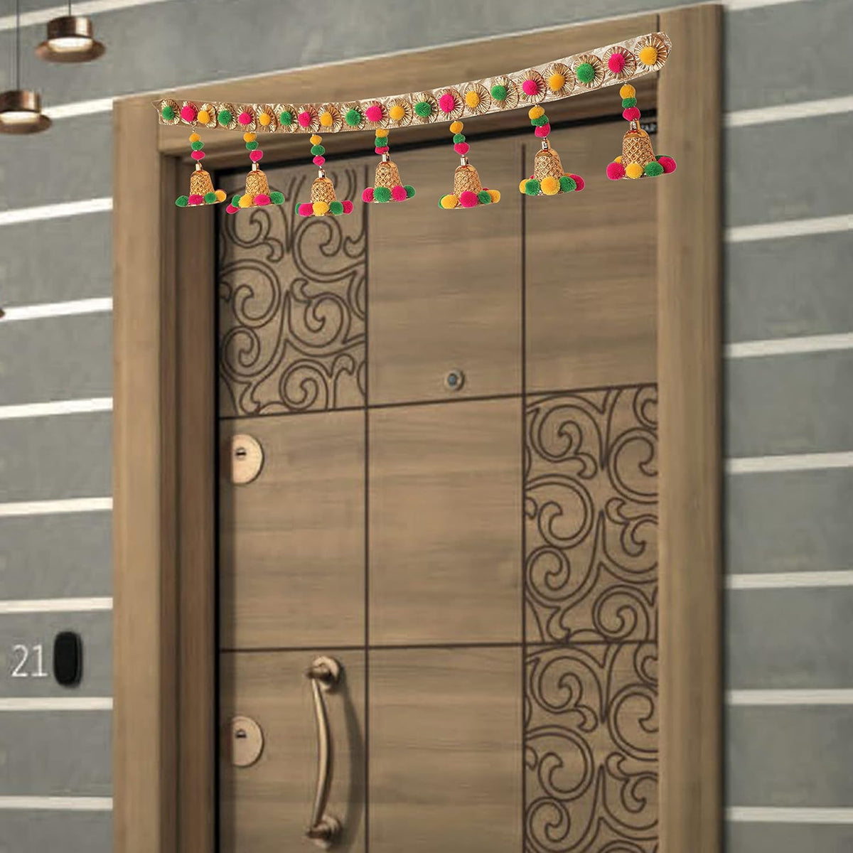 Smizzy 7 Golden Bells Bandarwal Torans for Entrance Door Latest | Pooja Room Decoration Items | Seemantham Decoration Backdrop Traditional | Diwali Home Decorat