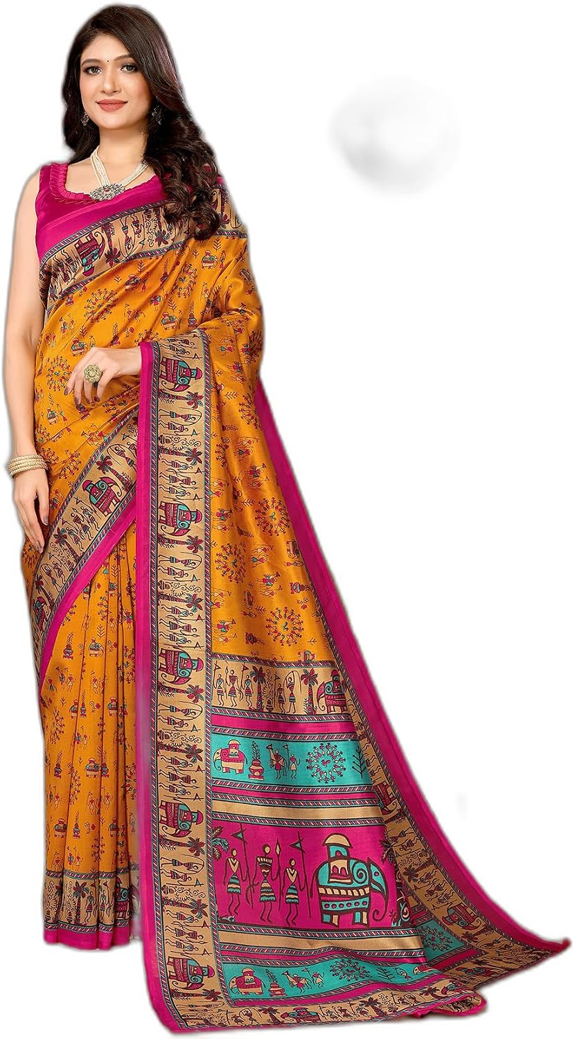 Yashika Sarees Sarees Women's Printed Silk Sarees with Blouse Unstitched 3 Piece Set Taille unique Multicoloured 11