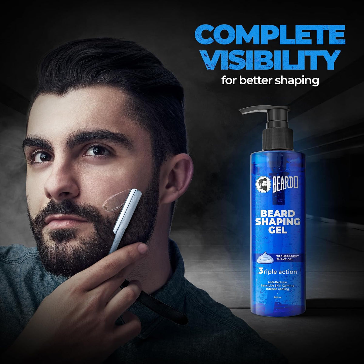 Beardo Beard Shaping Gel, 200ml | 3riple Action Transparent Shaving Gel for Men | Shaving gel with Anti-Redness, Calming, Intense Cooling | Suitable for Sensiti