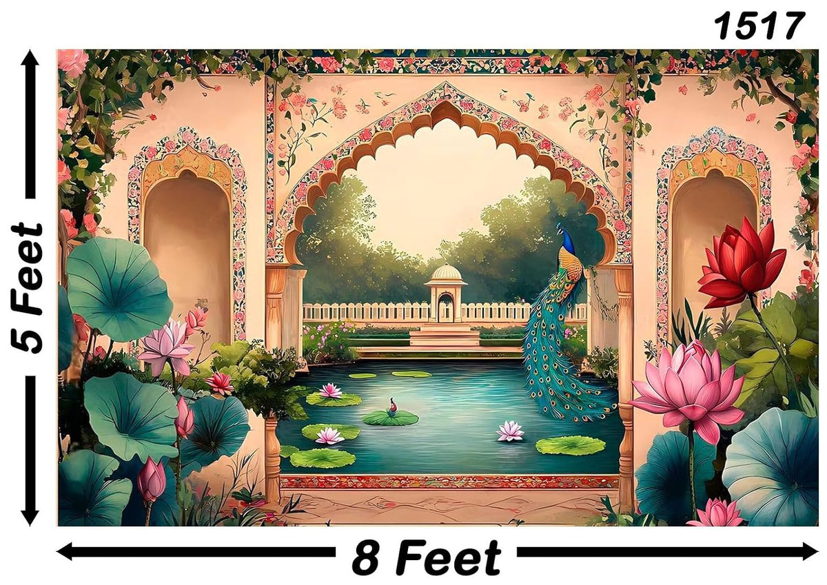 Lotus Pond & Peacock Background Photography Backdrops Nature Backdrop Curtain Cloth Birthday Background Seamless Photo Booth Prop Backdrop Size 5Feet Height & 8