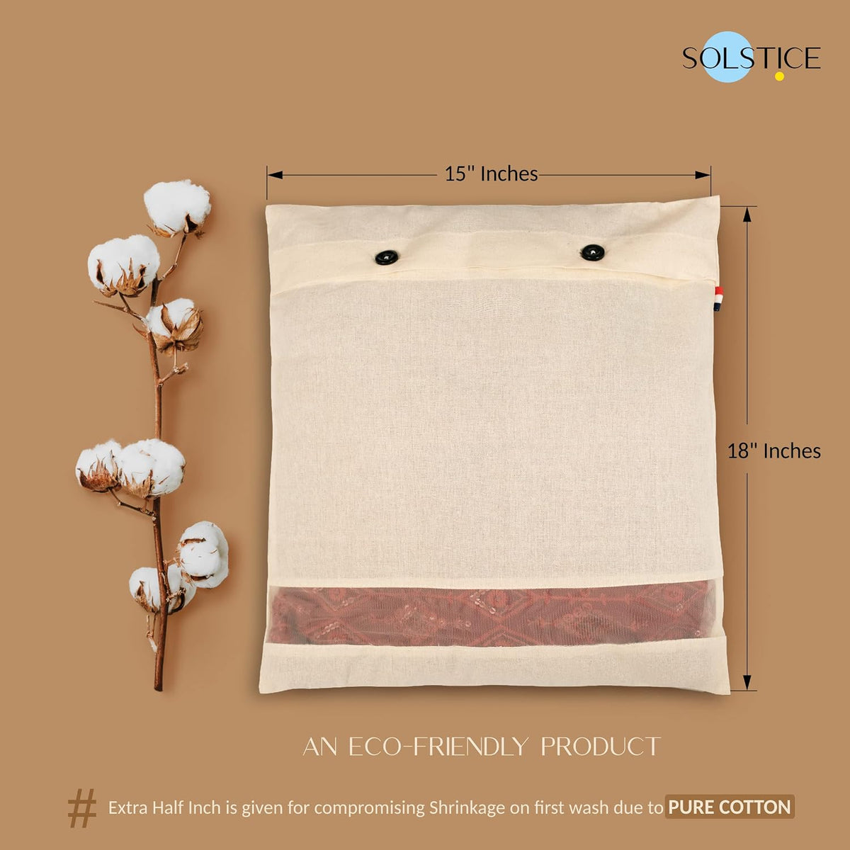 SOLSTICE cotton big saree covers/bags for storage single (18 x 15 Inches) for big silk sarees, lehengas, clothes - set of 6 (With Window)