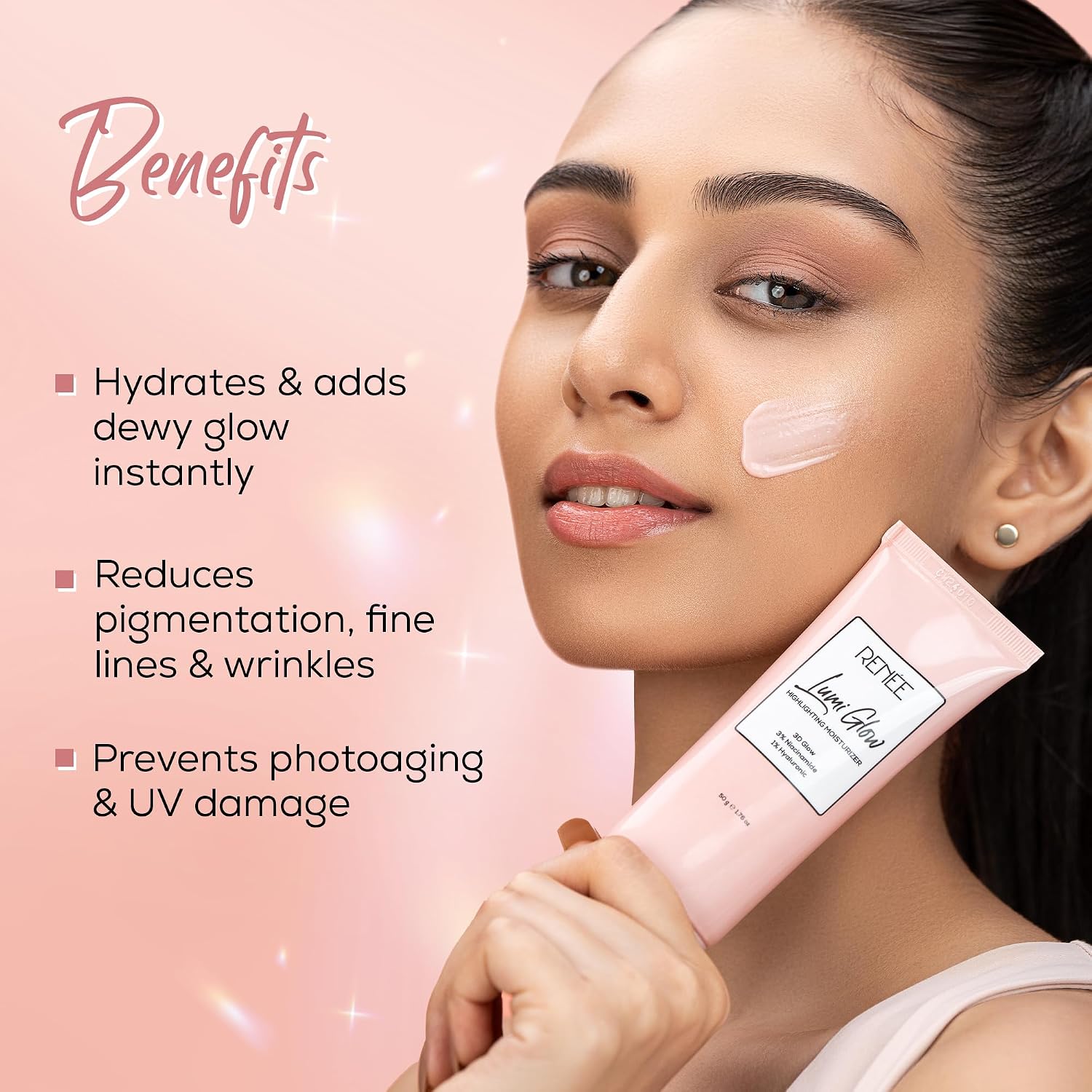 RENEE Lumi Glow Highlighting Moisturizer | Enriched with 3% Niacinamide & 1% Hyaluronic Acid | Non-Sticky | Glowing Skin | 50g