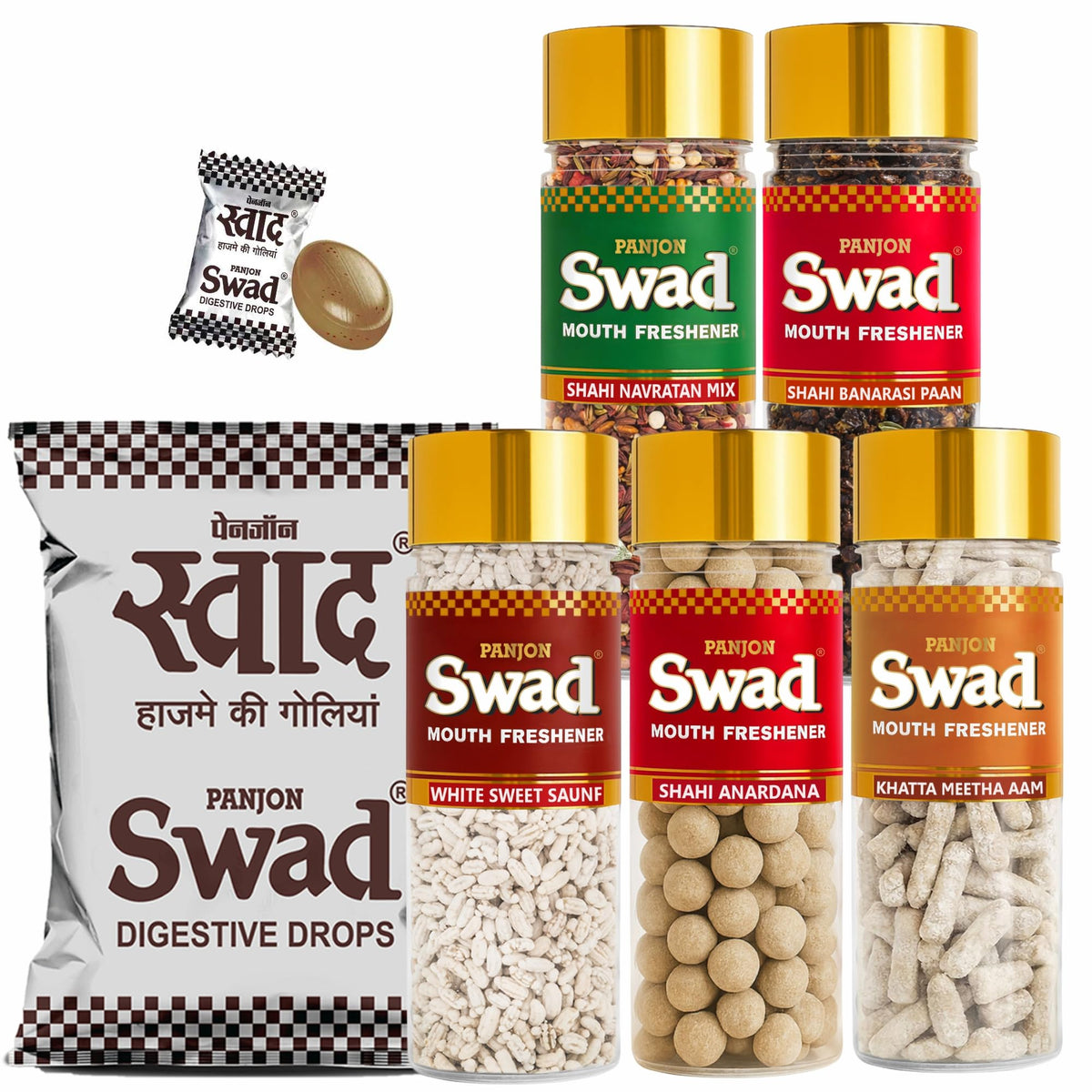 Swad Candy Pack (25 Digestive Toffees) & After Meal Mouthfresheners (White Sweet Saunf, Anardana, khatta Meetha aam, Banarasi Paan & Navratan Mukhwas Pachak) 6
