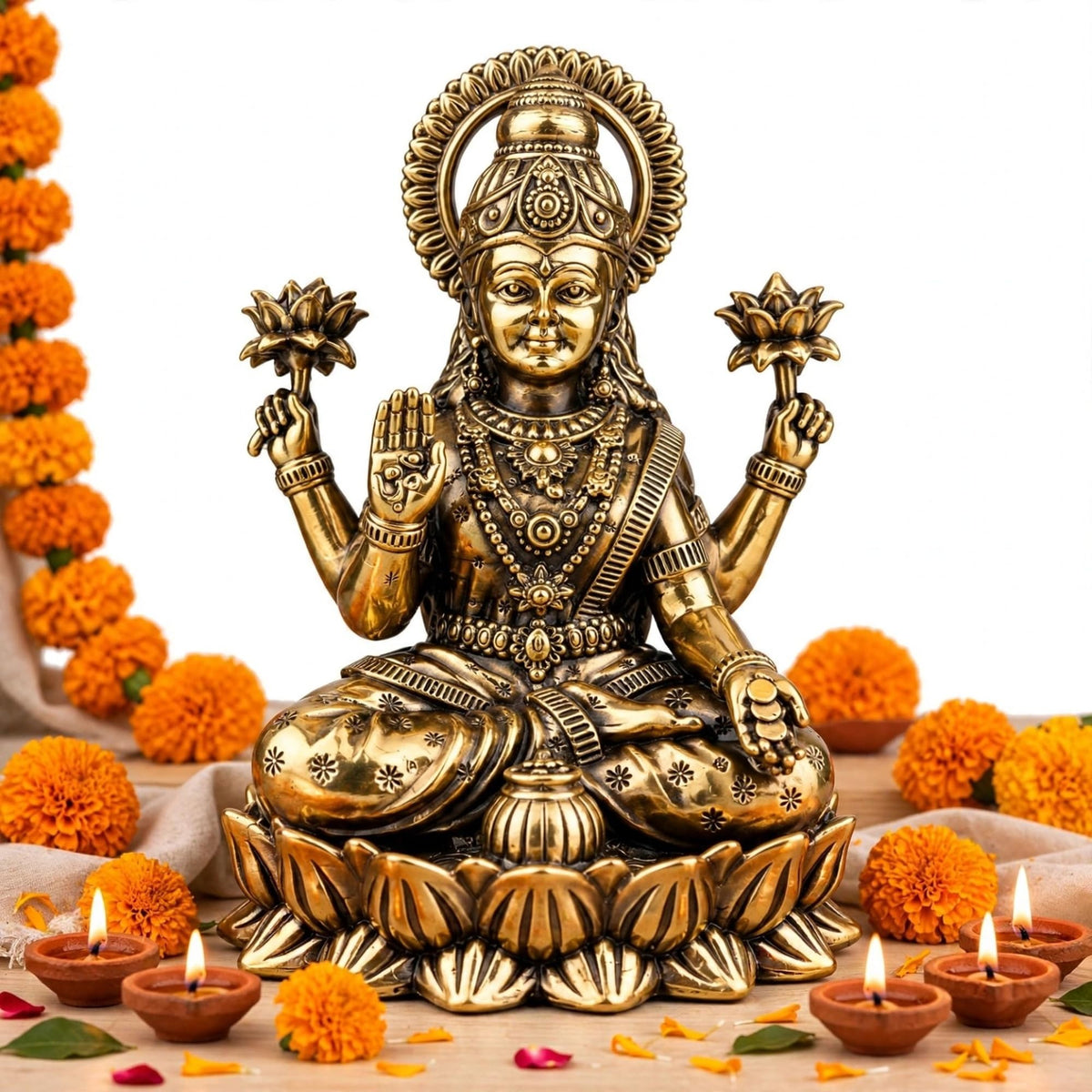 Brass Lakshmi Devi Idol — Sitting Kubera Lakshmi Statue on Lotus with Money Pot, Antique Finish Mahalaxmi Murti for Diwali Pooja & Home Temple, 2.7 Inch