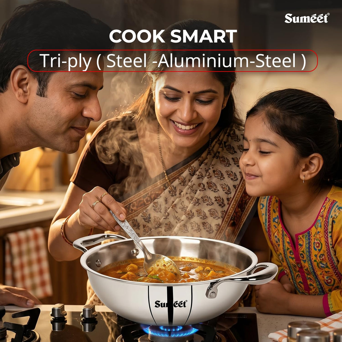 Sumeet Cook Smart TriPly Steel-Aluminium-Steel - 3 Layers Kadhai - 3.25Ltr - 26Cm 3.25 Liter