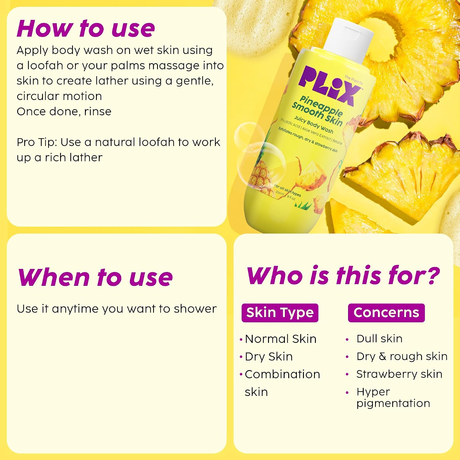 The Plant Fix Plix Pineapple 5% Lactic Acid Exfoliating Body Wash For All Skin Types, Paraben-Free Shower Gel, For Dry, Rough & Strawberry Skin, 236 Ml