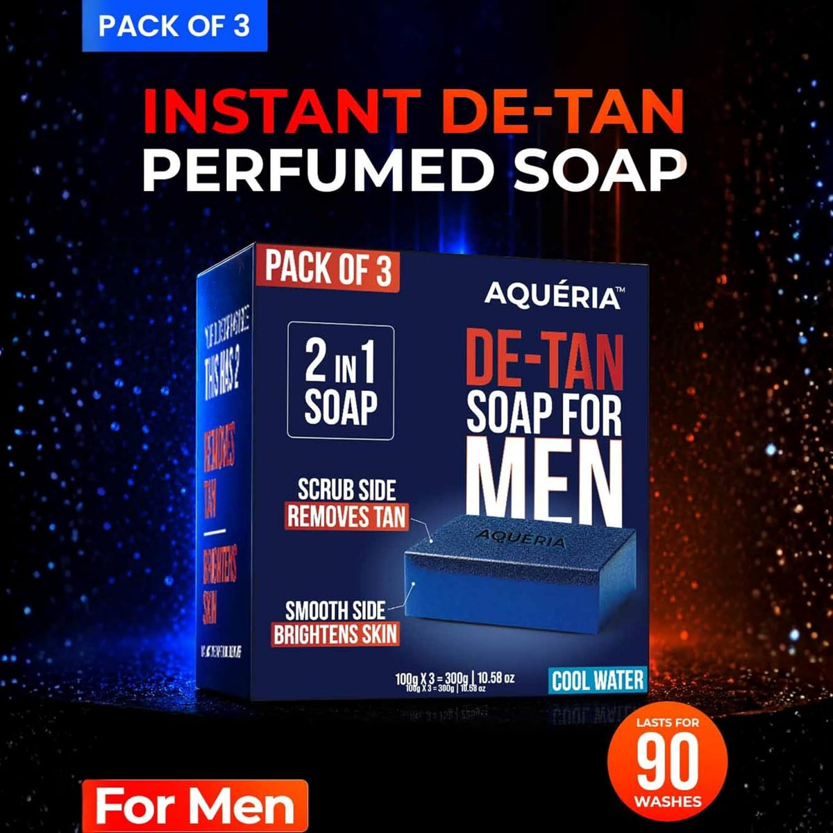Aqueria De-Tan & Brightening 2-in-1 Bath Soap for Men | Cool water perfume | Tan Removal, Skin Brightening & Gentle Exfoliation | Dual-Sided Scrub & Smooth Soap