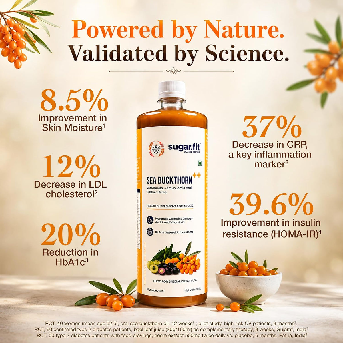 Sugar.fit Himalayan Sea Buckthorn Juice 1000ml | Cold Pressed Seabuckthorn Berry Pulp with 14 Herbs - Amla, Karela, Jamun | Natural Vitamin C, Omega 3 6 7 9 | I