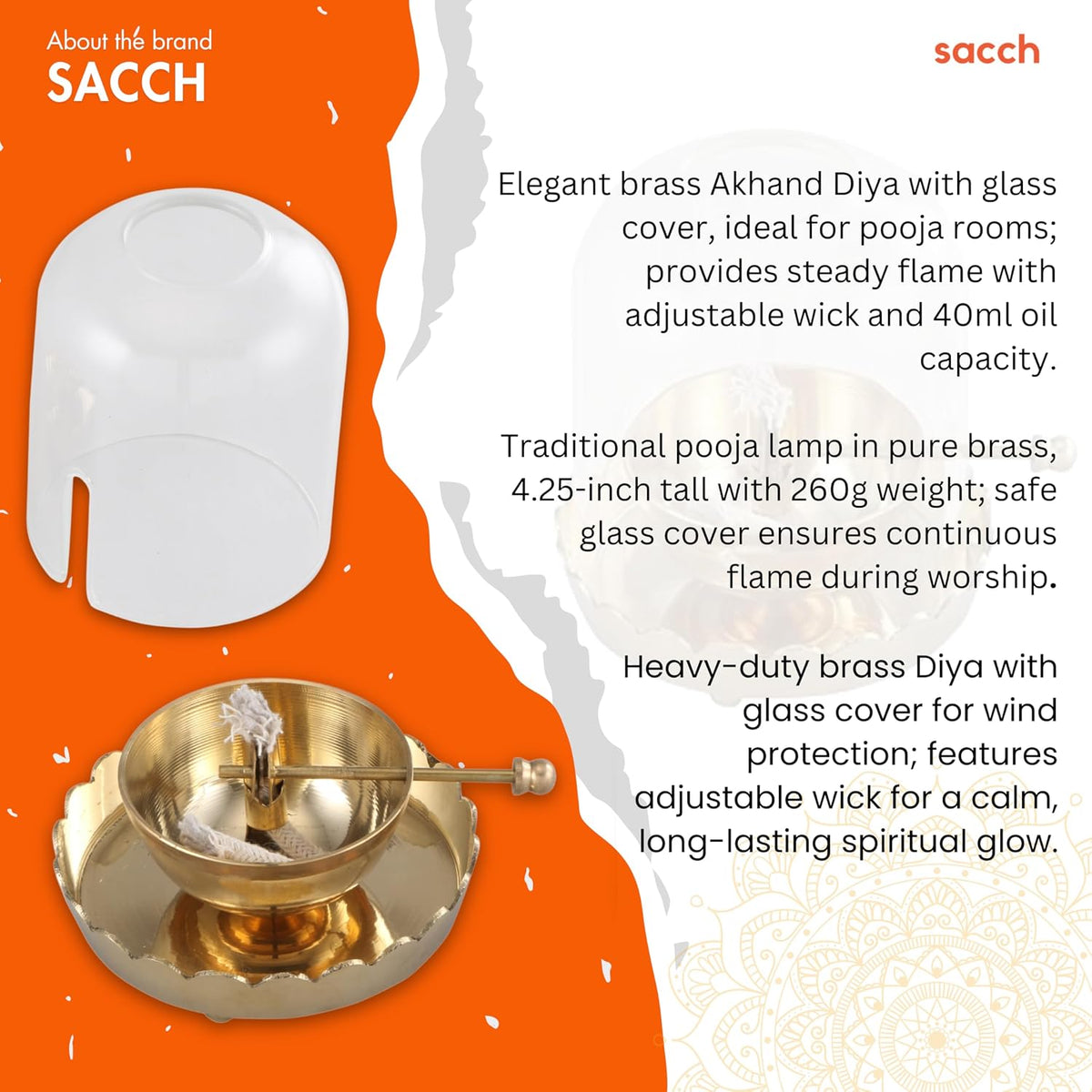 Sacch Akhand Brass Oil Diya with Glass Cover | Adjustable Wick Lamp for Pooja | 4.25 Inch Height, 260gms Wt, 40Ml Oil Capacity.