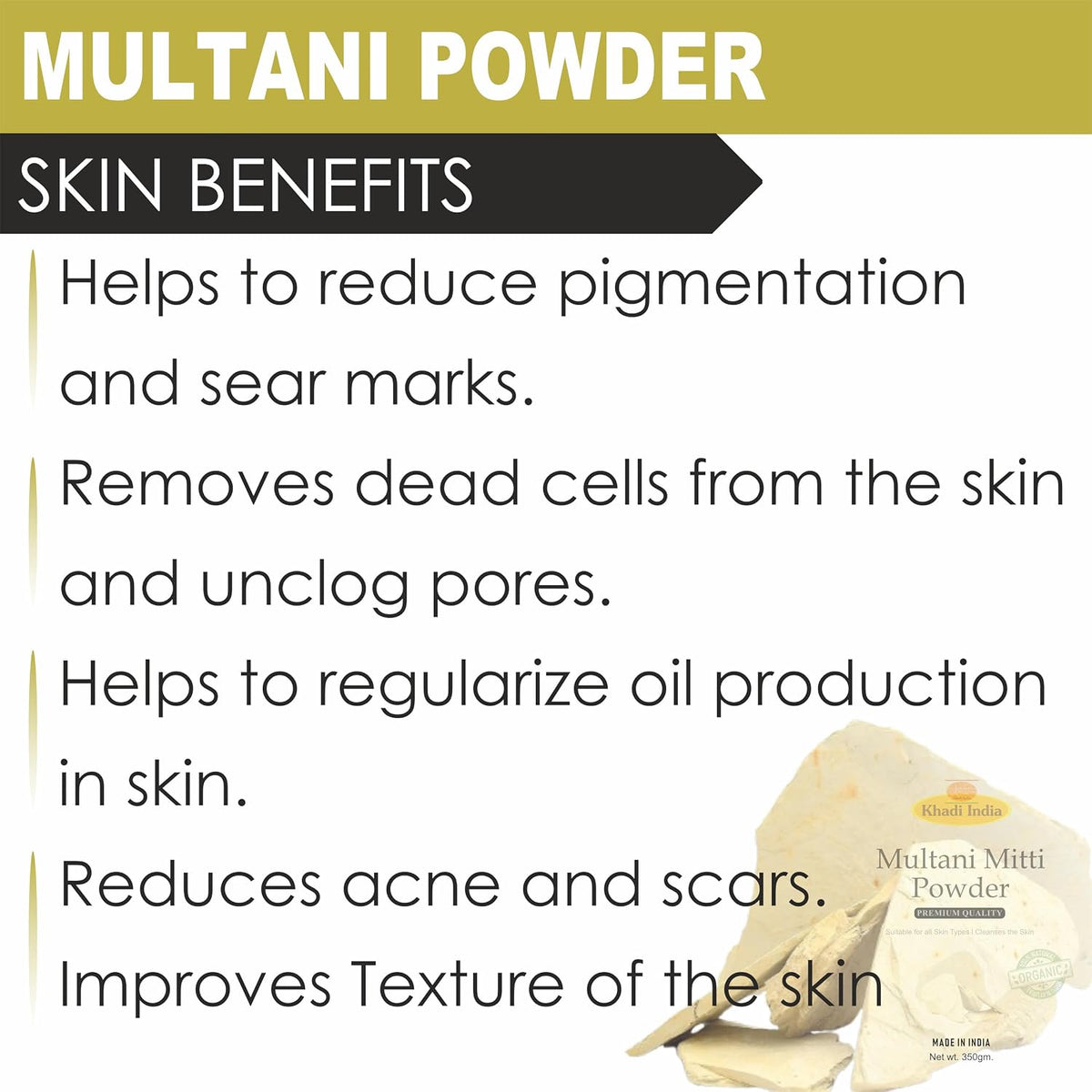 Khadi 100% Pure & Organic Multani Mitti Powder – Natural Clay for Deep Cleansing, Oil Control & Glowing Skin – Face & Hair Pack – 350g