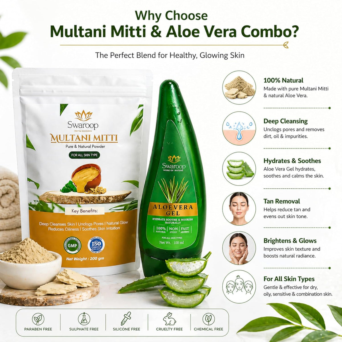 Multani Mitti & Aloe Vera Gel Combo for Skin Care (200g+100ml) | Natural Face Gel, Face Pack Gentle on All Skin for Tan Remover, Moisturizing, Soothing , Cleans