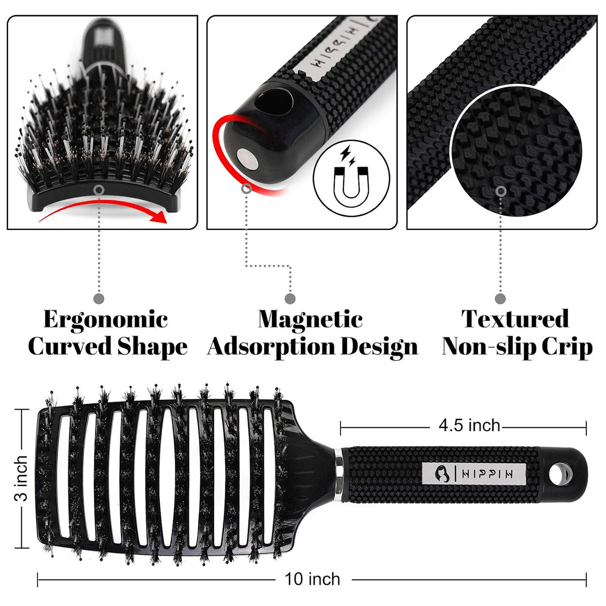 Boar Hair Brushes 2 Pack, Suitable for Men, Women & Kidsââ‚¬â„¢ Long Curly Wet or Dry Hair, HIPPIH Hairbrush for Thick Hair Can Adds Shine and Makes Hair Smooth