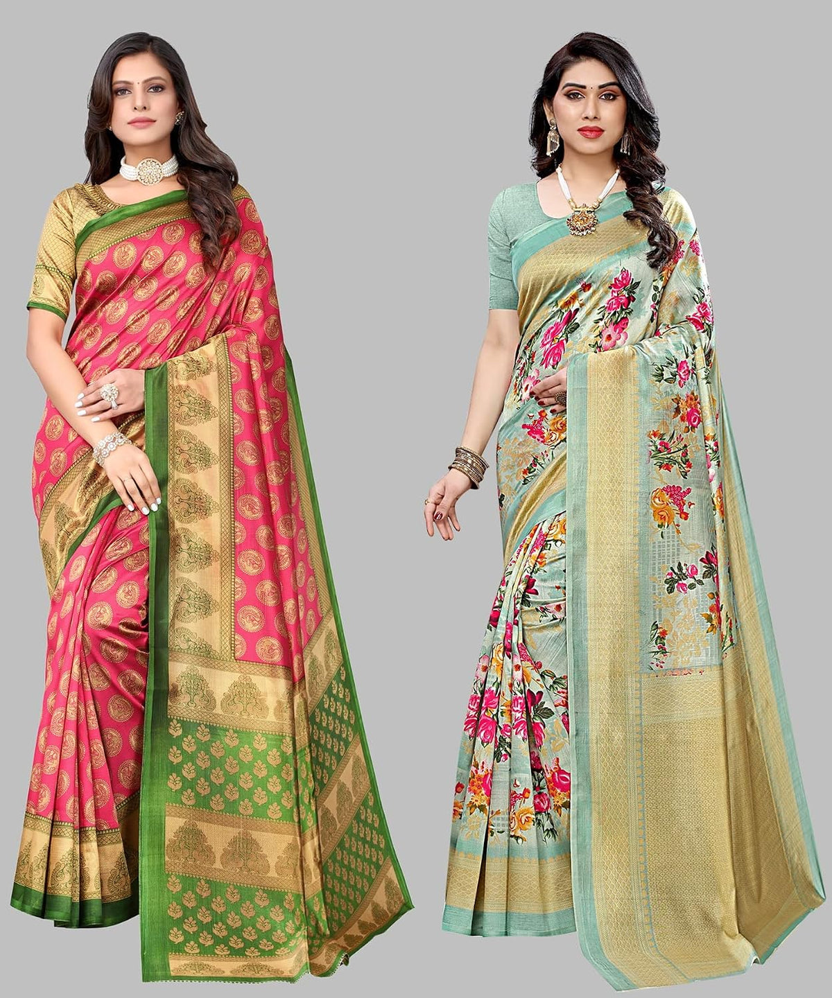Yashika 2 Pack Women Silk Printed Sarees with Blouse (Alifa Pink/Light Green)